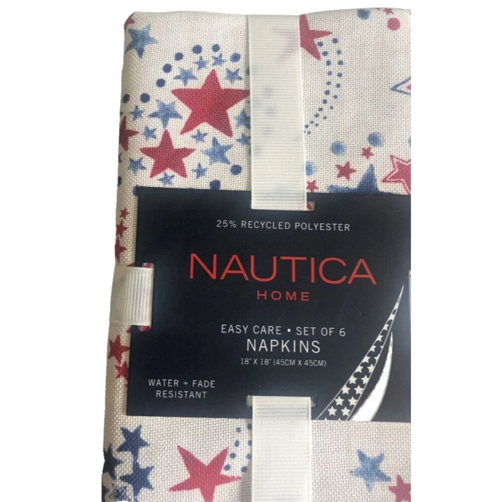 Nautica July 4th Fabric Cloth Napkins Set of 6 White with Red Blue Stars 18x18